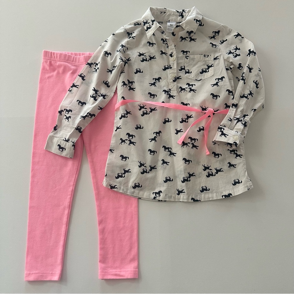 Carter's 5T Toddler Girl Horse Print Top & Pink Leggings Set Outfit Equestrian